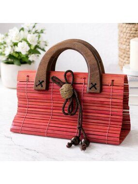 Handcrafted Vintage Bamboo & Wooden Handle Purse With Drawstring Cord Closure &